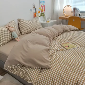 Комплекты постельного белья из выстиранного хлопка в японском стиле, Простая клетчатая простыня из четырех частей, Стеганое одеяло, покрывало для односпальной двуспальной кровати В общежитии