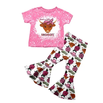 Бутик-наряды Одежда для девочек с короткими рукавами Детская одежда Комплекты расклешенных штанов Bull Head Western Cows