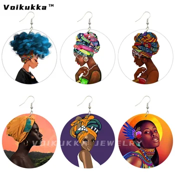 Ювелирные Изделия Voikukka 6 СМ Круг Африканские Женщины С Голубыми Волосами Искусство Афро Девушка Роспись По Дереву С Обеих Сторон Печать Висячие Серьги