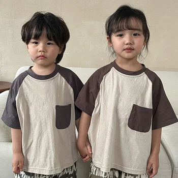 Летние Детские Повседневные Свободные Пуловеры в Корейском стиле, Топы, Хлопковая футболка с короткими рукавами для детей 1-8 лет, Футболка для маленьких мальчиков И девочек