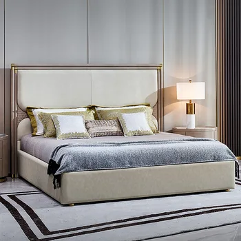 Итальянский легкий роскошный стиль, плетеная главная спальня с двуспальной кроватью 1,8 м, двуспальная кровать, свадебный зал, кожаная кровать из массива дерева