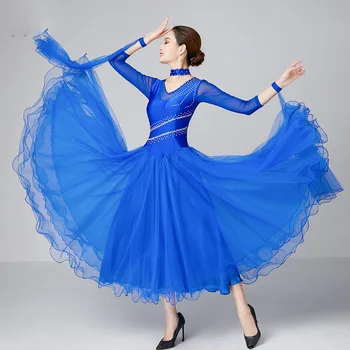 Синие современные танцевальные костюмы, высококачественное платье для вальса с большими свингами, женское платье для соревнований по бальным танцам