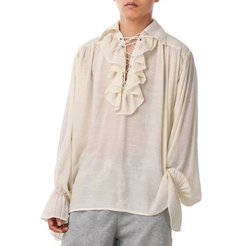 Мужская Пиратская рубашка в средневековом винтажном стиле эпохи Возрождения, негабаритная Пышная блузка, Топы, Женский готический костюм Вампира