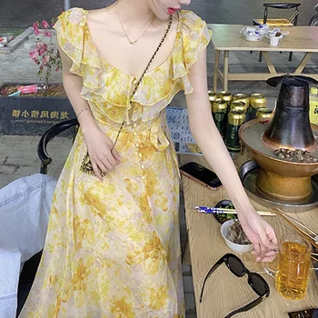 Желтое платье Xianqi с цветочным рисунком на талии, женская весенне-осенняя летняя юбка для пляжного отдыха с коротким рукавом 2023 г.