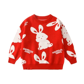 Модный свитер для девочки, детские топы с мультяшным кроликом, пуловер для девочек, Корейская детская одежда 2023, Весенняя футболка для мальчиков, вязаный свитер