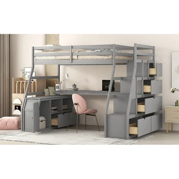 Двуспальная кровать-чердак с 7 ящиками, 2 полками и письменным столом - серый/белый/Эспрессо